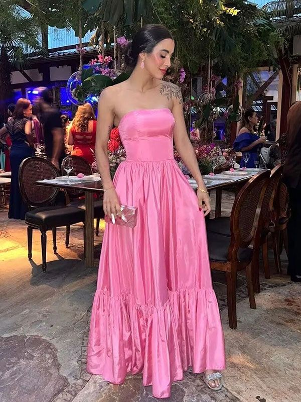Fancy Popular Pink A-line Strapless Maxi Long Party Prom Dresses C2720