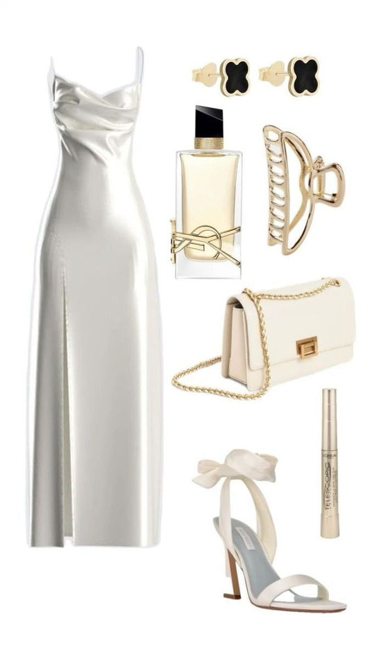 Robe de soirée princesse à bretelles spaghetti et fente blanche C2731