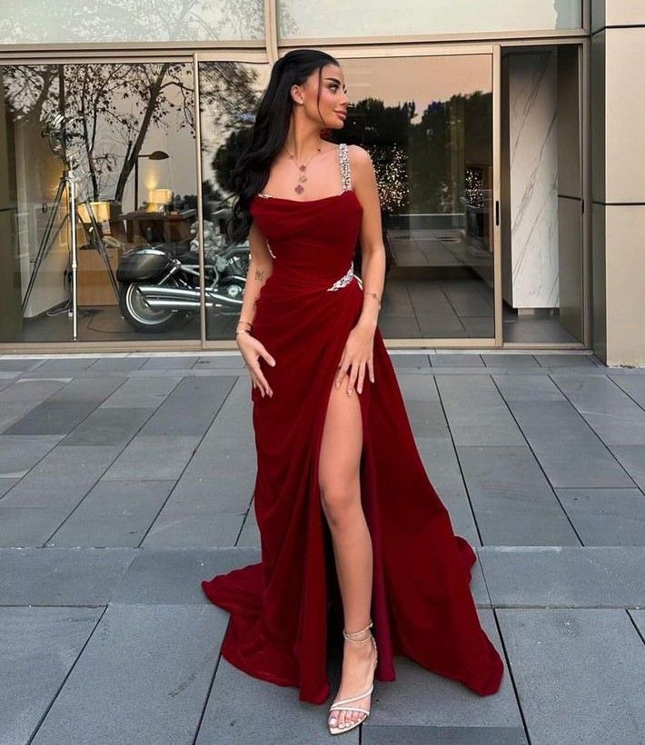 Elegant Sheath Straps Burgundy Satin Silver Beads Slit Long Prom Dresses Formal Dress C2737