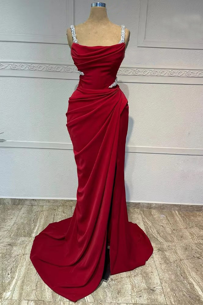 Elegant Sheath Straps Burgundy Satin Silver Beads Slit Long Prom Dresses Formal Dress C2737