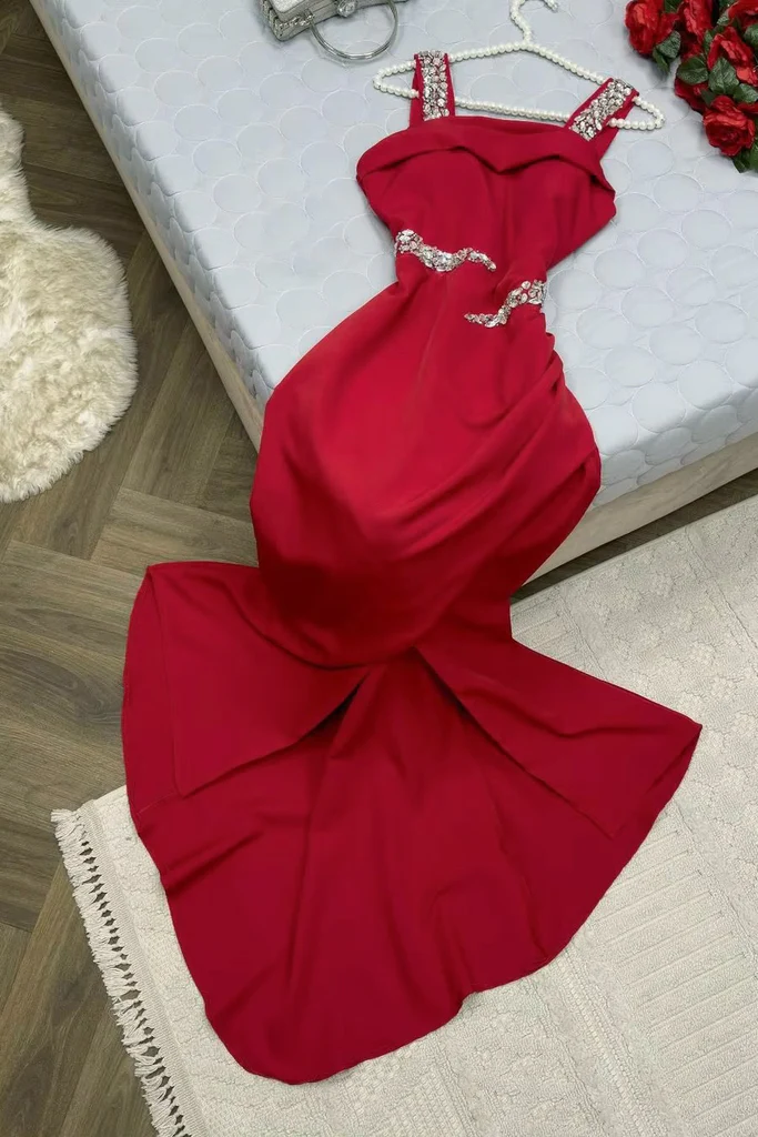 Elegant Sheath Straps Burgundy Satin Silver Beads Slit Long Prom Dresses Formal Dress C2737