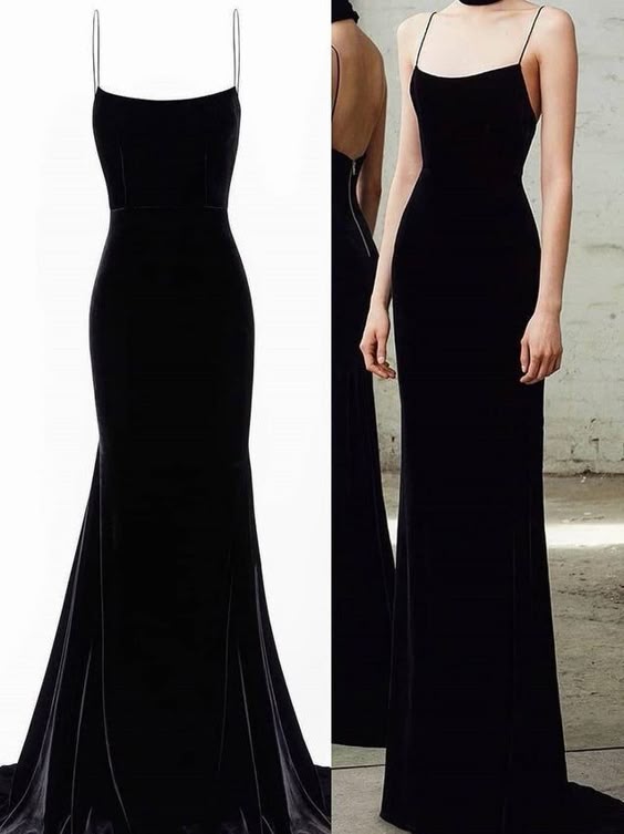 Robe de soirée longue en velours noir à bretelles spaghetti et sirène élégante C2773