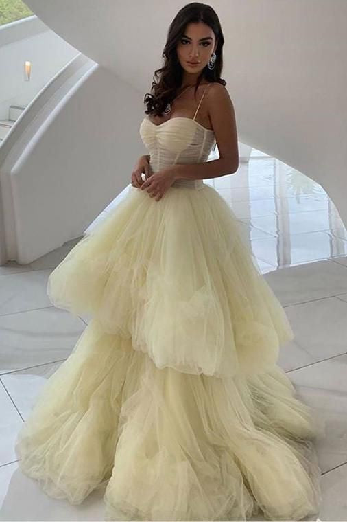Robe de bal princesse A-Line à bretelles spaghetti et couches en tulle jonquille Robe de soirée unique C2781