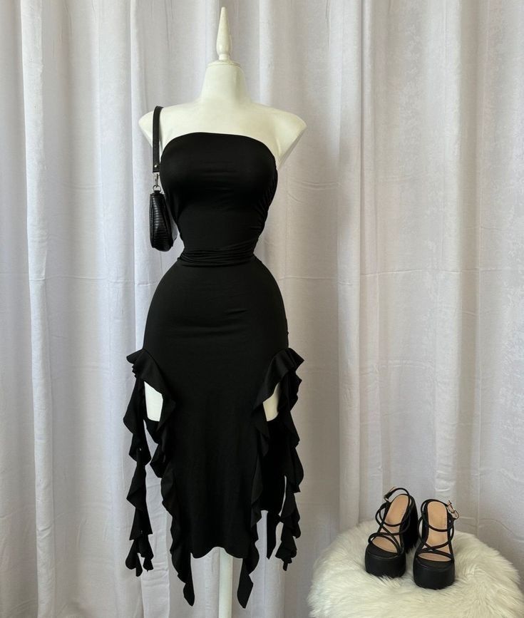 Elegant Sheath Strapless Black Chiffon Prom Dresses Ruffles Evening Dress C2782