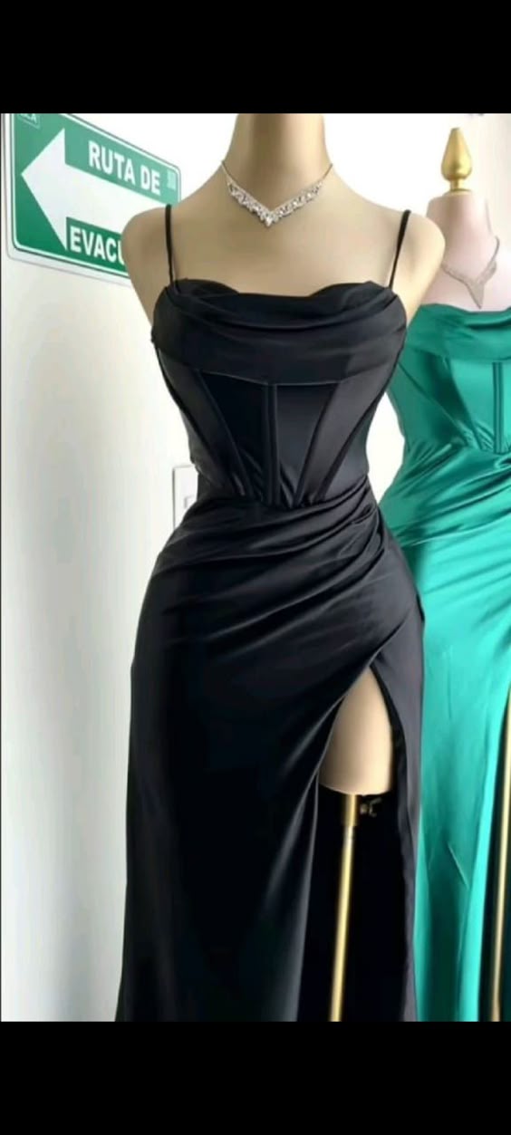 Elegant Sheath Spaghetti Straps Black Slit Long Prom Dresses Evening Dress C2802