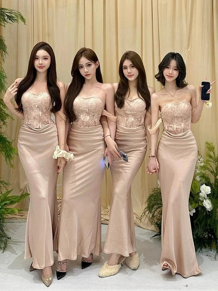 Champagne Mermaid Off The Shoulder Satin Lace Long Bridesmaid Dress C3816
