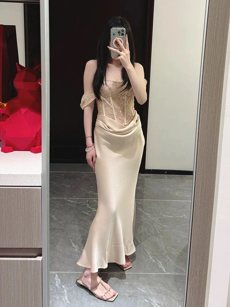 Champagne Mermaid Off The Shoulder Satin Lace Long Bridesmaid Dress C3816