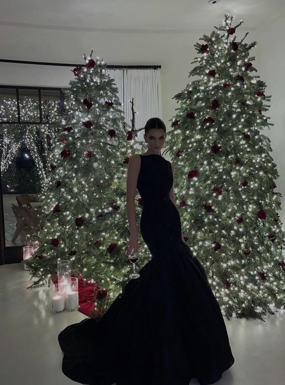 Modest Mermaid Boat Sleeveless Black Satin Prom Dresses Long Evening Dress C2850