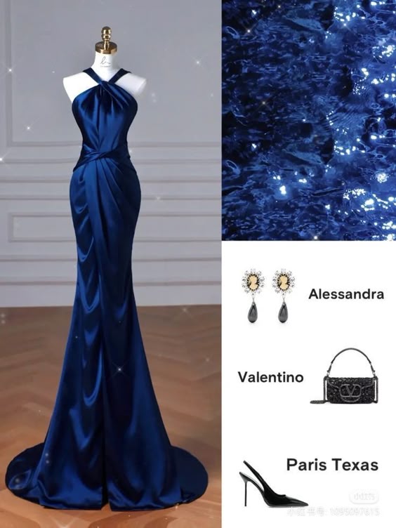Modest Mermaid Halter Navy Blue Fold Satin Prom Dresses Long Evening Dress C2854