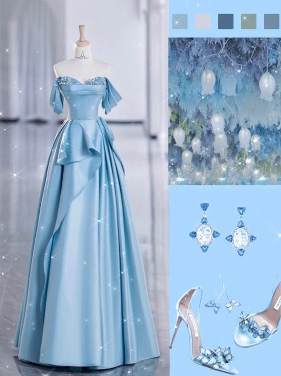 Pretty Ball Gown Off The Shoulder Long Light Blue Satin Floor Length Prom Dresses C2861