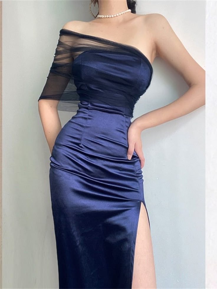 Modest Sheath One Shoulder Sleeveless Navy Blue Slit Satin Prom Dresses Long Evening Dress C2863