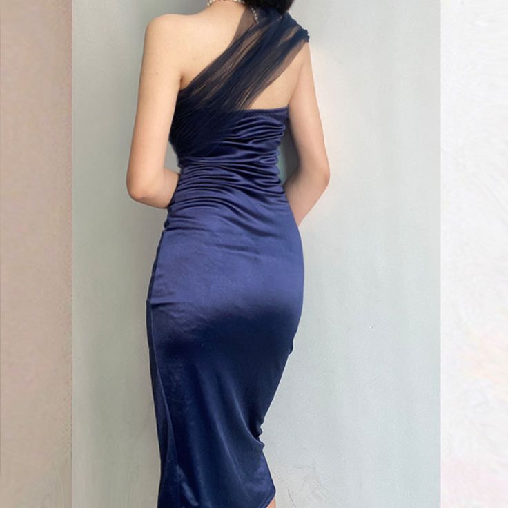 Modest Sheath One Shoulder Sleeveless Navy Blue Slit Satin Prom Dresses Long Evening Dress C2863