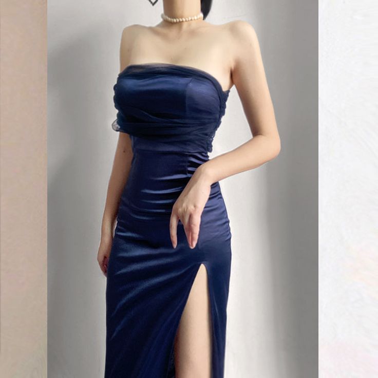 Modest Sheath One Shoulder Sleeveless Navy Blue Slit Satin Prom Dresses Long Evening Dress C2863