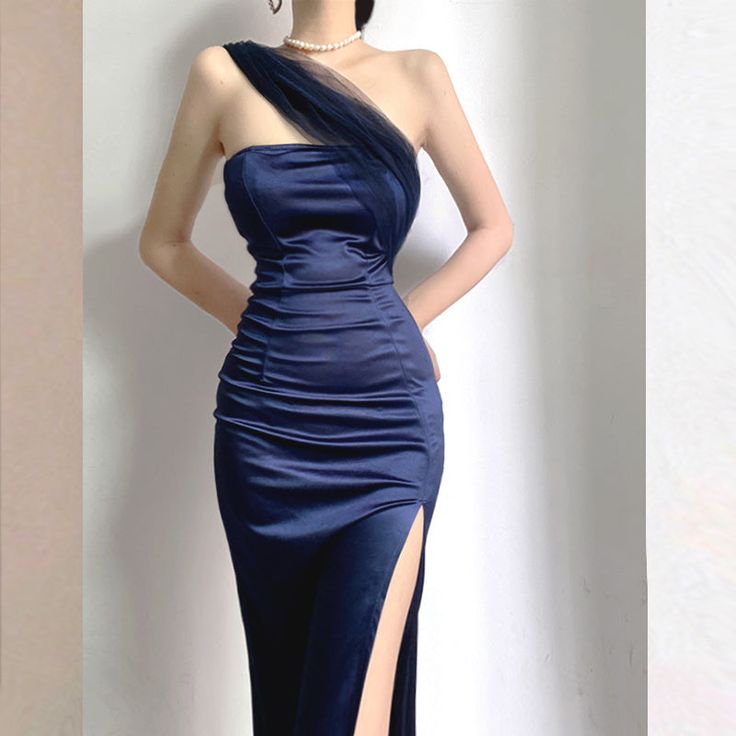 Modest Sheath One Shoulder Sleeveless Navy Blue Slit Satin Prom Dresses Long Evening Dress C2863