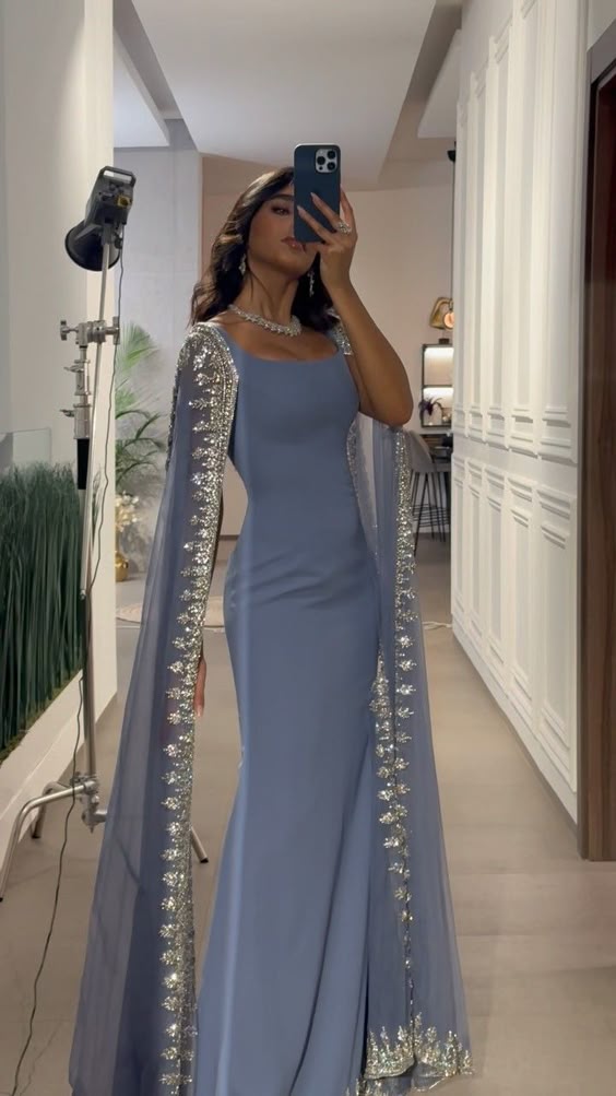 Modest Sheath Square Neckline With Long Sleeves Blue Beads Prom Dresses Long Evening Dress C2864