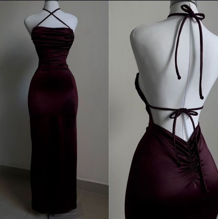 Elegant Sheath Halter Sleeveless Burgundy Satin Backless Prom Dresses Long Evening Dress C2882