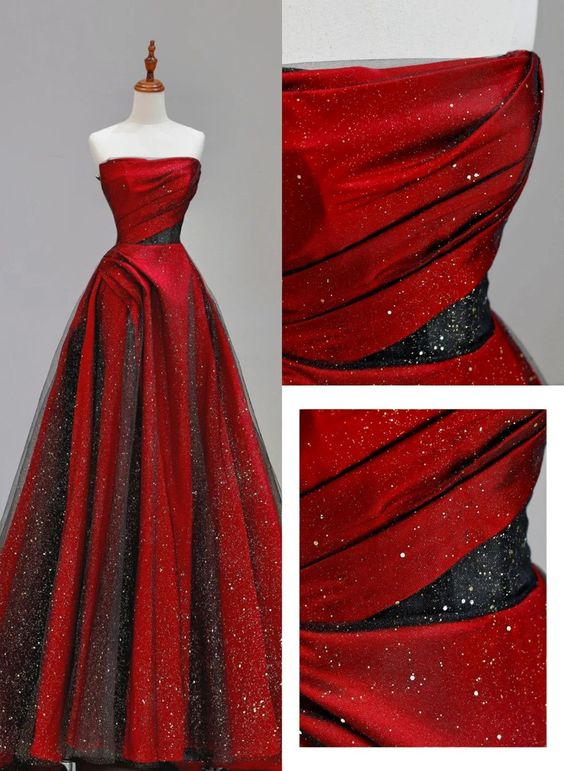 Elegant A line Strapless Red Satin Prom Dresses With Black Tulle Long Evening Dress C2889