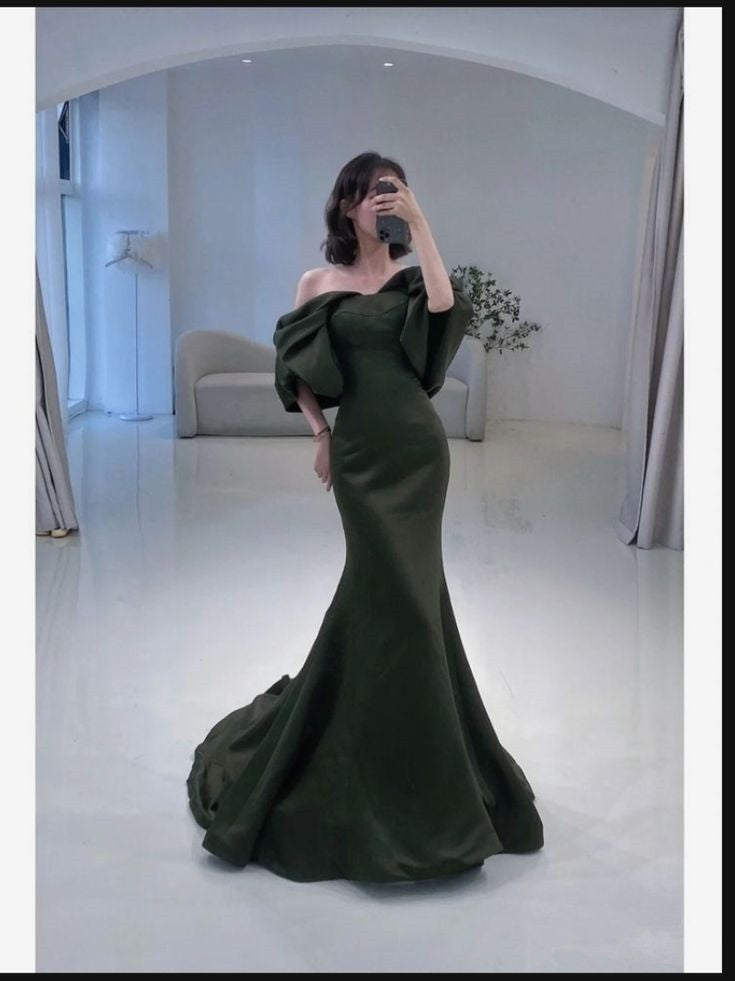 Elegant Mermaid Off The Shoulder Green Satin Prom Dresses With Ruffle Long Evening Dress C2891