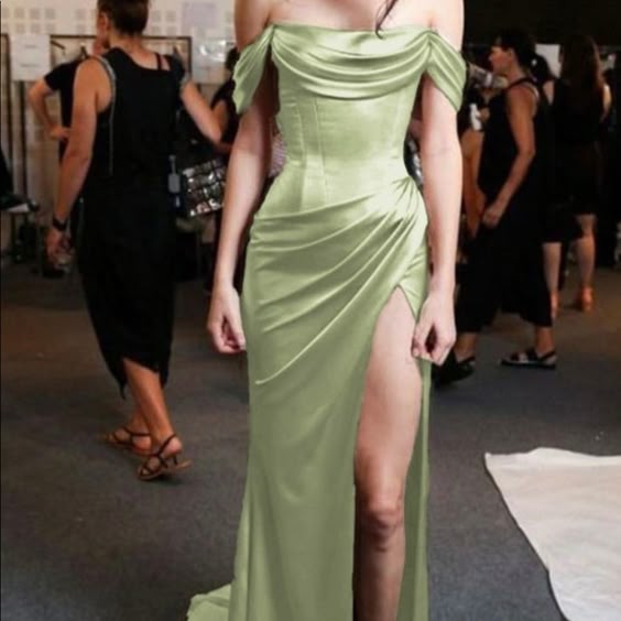 Elegant Sheath Off The Shoulder Mint Green Slit Prom Dresses With Ruffle Long Evening Dress C2894