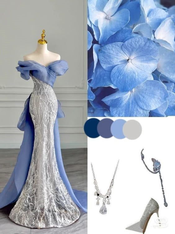 Elegant Mermaid Off The Shoulder Blue Sequin Prom Dresses With Bow Long Evening Dress C2895