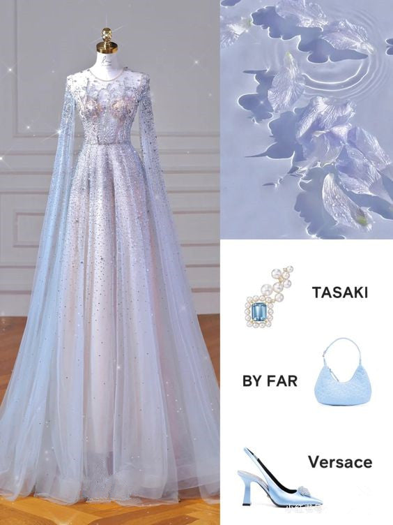 Elegant A line Jewel Sequin Prom Dresses With Beads Long Evening Dress C2898