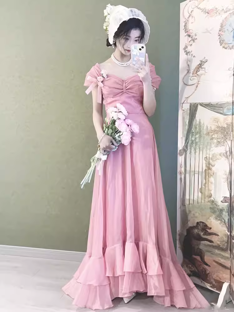 Vintage A line Pink Long Prom Dresses C28