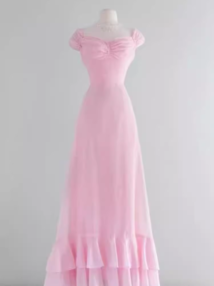Vintage A line Pink Long Prom Dresses C28