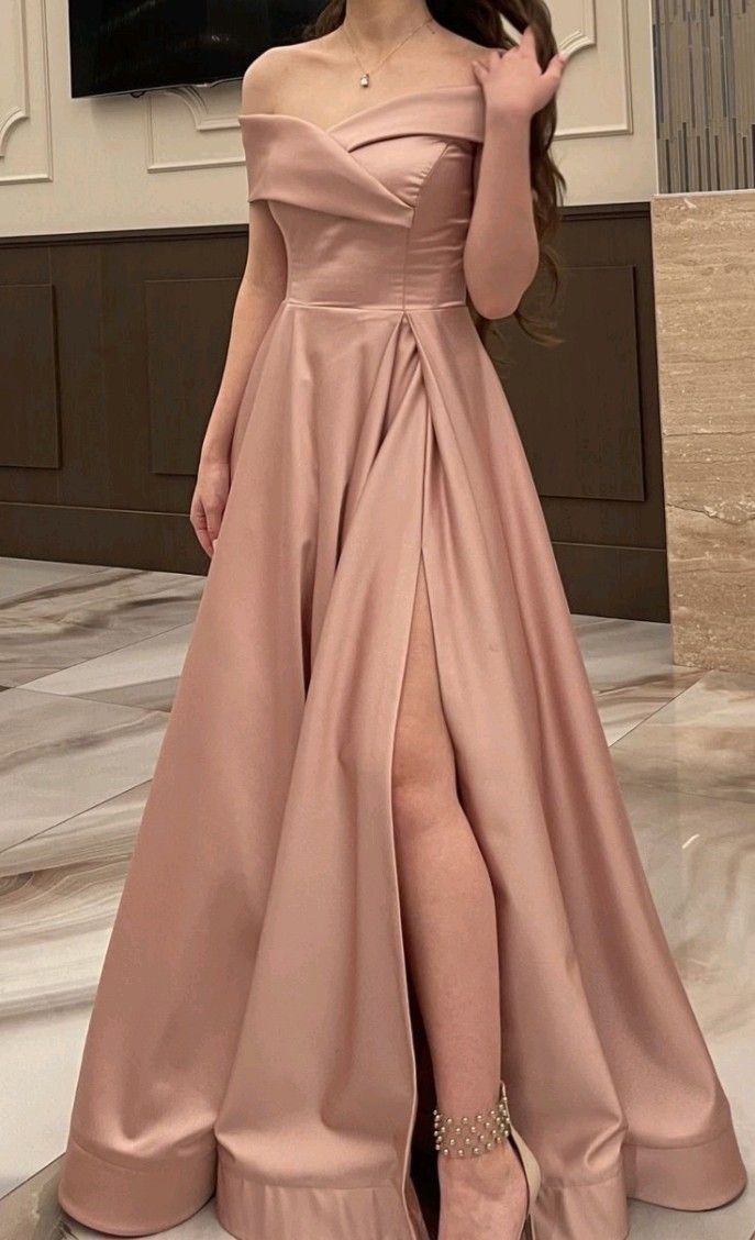 Elegant A line Off The Shoulder Dusty Pink Prom Dresses With Ruffle Long Slit Evening Dress C2900