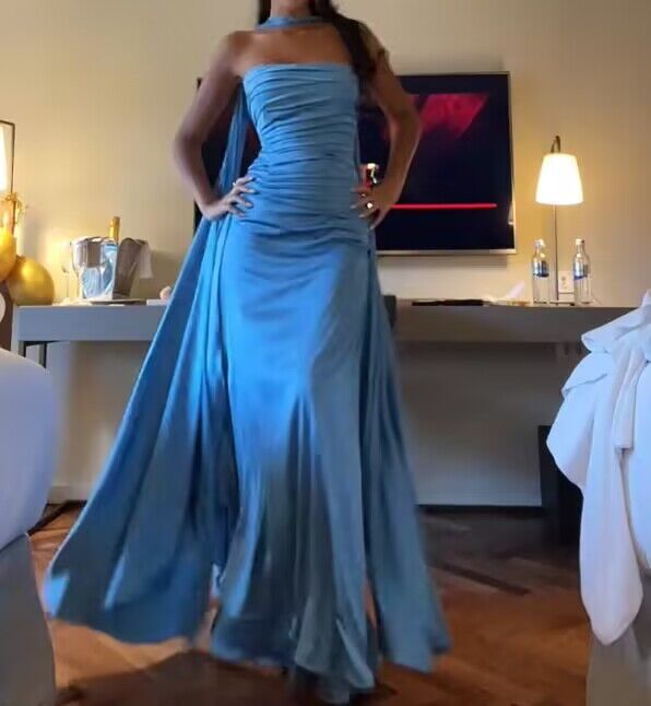 Elegant Sheath Strapless Blue Satin Prom Dresses With Ribbon Long Slit Evening Dress C2901
