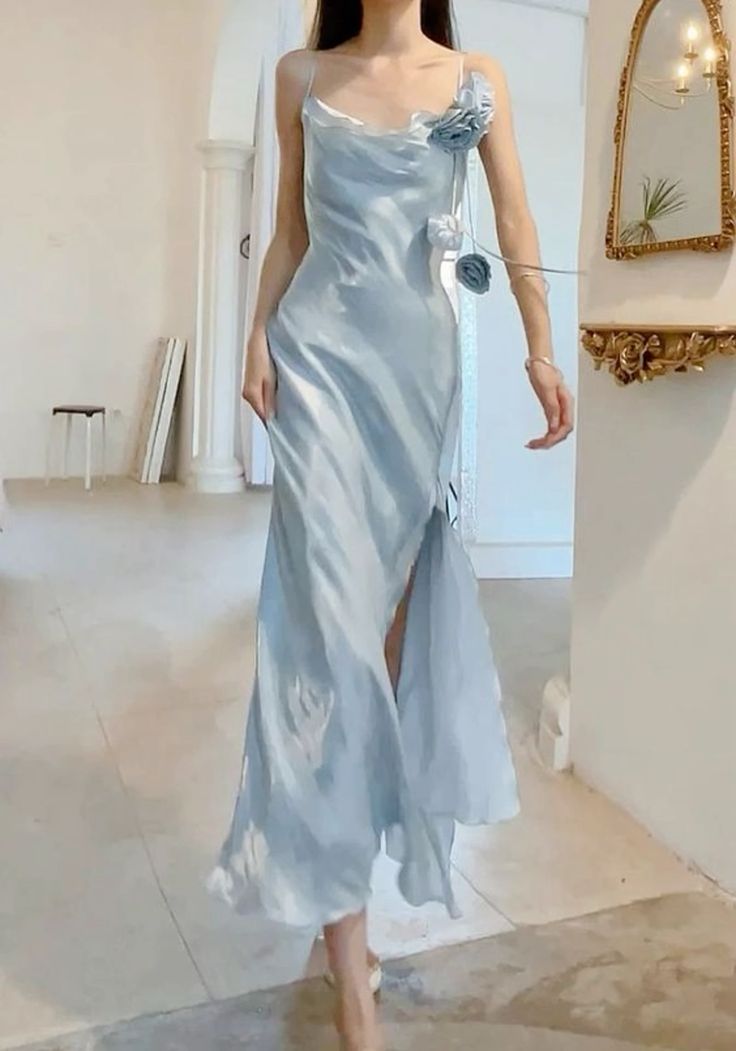 Elegant Sheath Spaghetti Straps Light Sky Blue Chiffon Prom Dresses With Flower Slit Evening Dress C2906