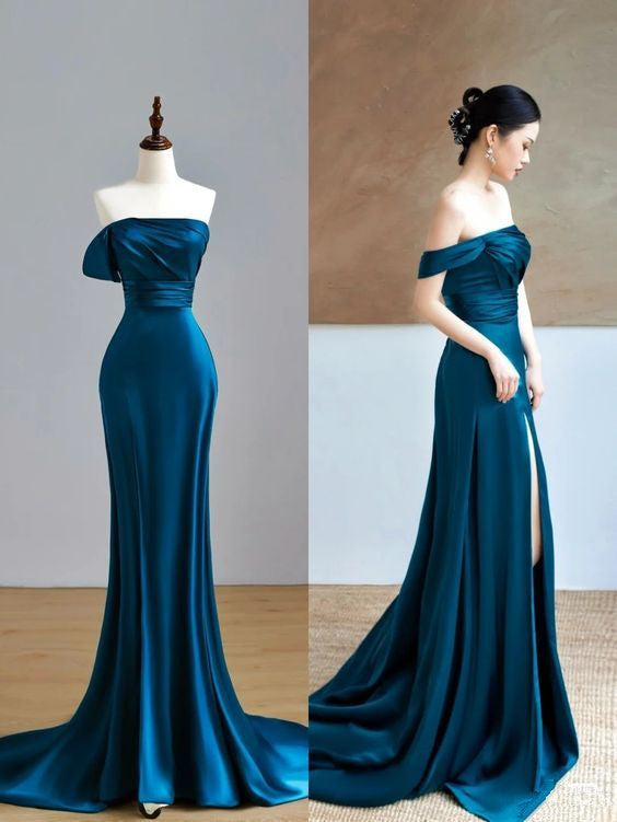 Pretty Mermaid Off The Shoulder Slit Satin Prom Dresses With Ruffle Long Evening Dress C2907