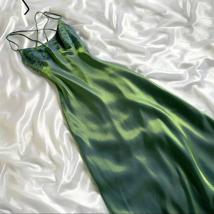 Pretty A Line Spaghetti Straps Green Satin Prom Dresses Long Evening Dress C2923