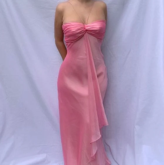 Pretty A line Halter Sleeveless Pink Chiffon Prom Dresses Long Evening Dress C2928