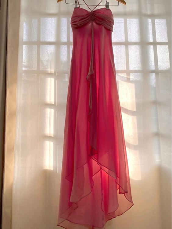 Pretty A line Spaghetti Straps Sleeveless Hot Pink Chiffon Prom Dresses Long Evening Dress C2932