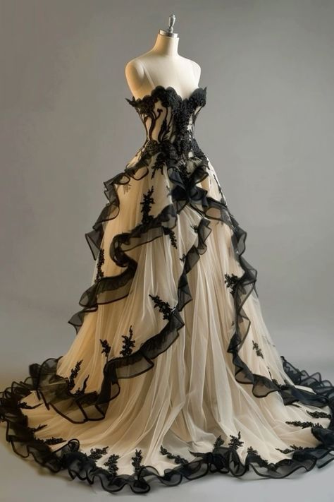 Vintage Ball Gown Sweetheart Black Tulle Prom Dresses Long Ruffles Evening Dress C2933