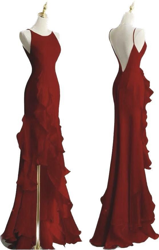 Pretty Sheath Boat Sleeveless Burgundy Long Chiffon Prom Dresses Evening Dress C2944