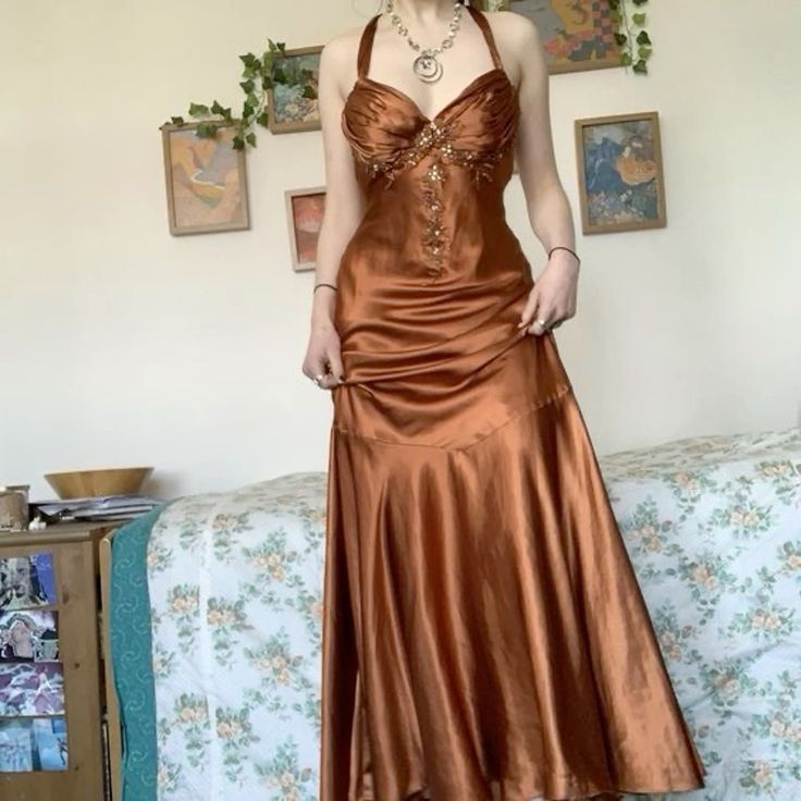 Pretty Mermaid Halter Sleeveless Brown Long Prom Dresses Evening Dress With Beads C2952
