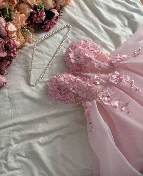 Pretty Ball Gown Strapless Long Pink Hand Made Flowers Prom Dresses Long Evening Dress C2962