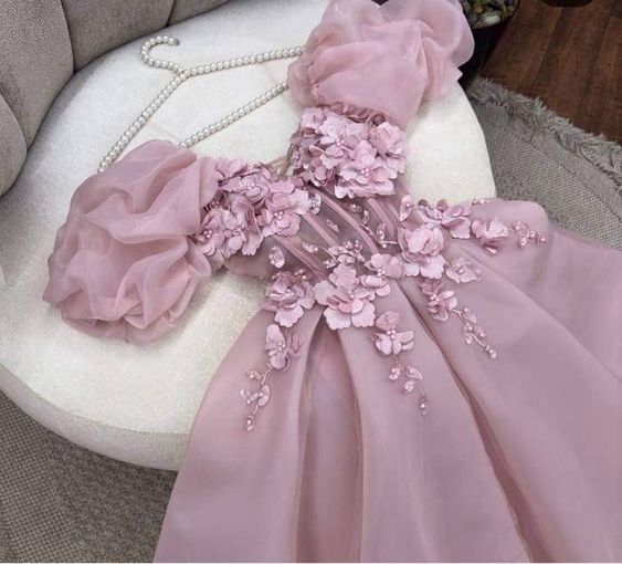 Pretty Ball Gown Strapless Short Sleeves Pink Hand Made Flowers Prom Dresses Long Evening Dress C2963