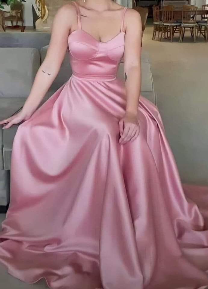 Simple A Line Spaghetti Straps Sleeveless Pink Satin Prom Dresses Long Evening Dress C2966