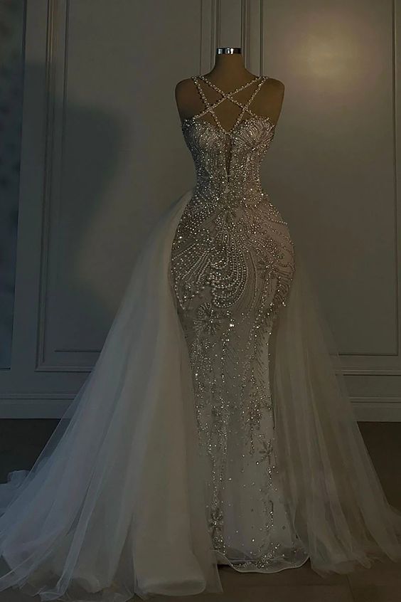 Romantic Wedding Dress Long Mermaid V Neck Spaghetti Strap With Beadings C297