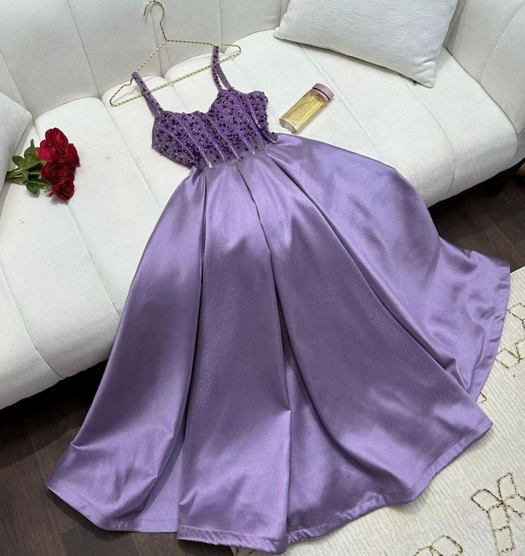 Gorgeous A Line Spaghetti Straps Light Grape Long Satin Prom Dresses Evening Dress C2975