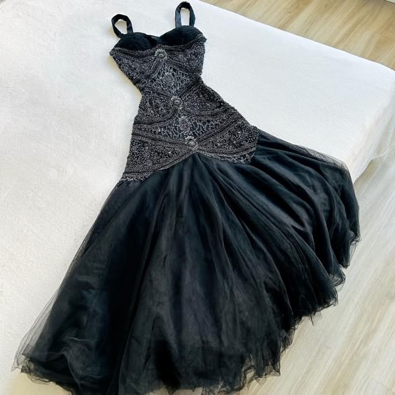 Gorgeous Mermaid Spaghetti Straps Black Long Tulle Prom Dresses Evening Dress C2987
