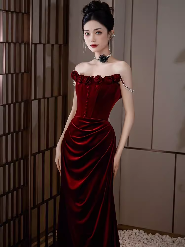 Vintage Mermaid Burgundy Velvet Long Prom Dresses C29