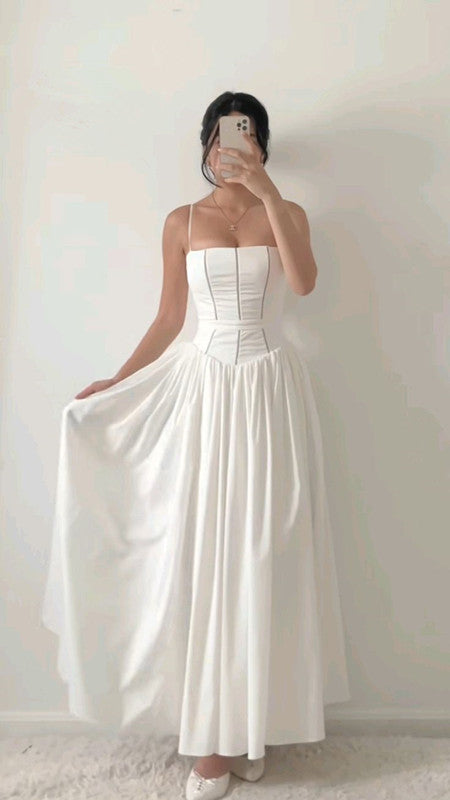 Elegant A Line Spaghetti Straps Long White Chiffon Prom Dresses Evening Dress C3011