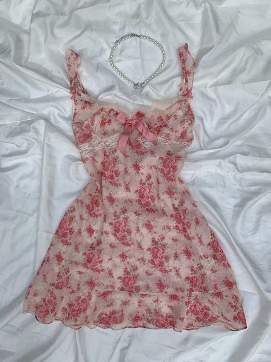 Robe de soirée courte à bretelles spaghetti vintage pour 18e anniversaire, coupe A, motif floral rose, robe d'anniversaire C3012