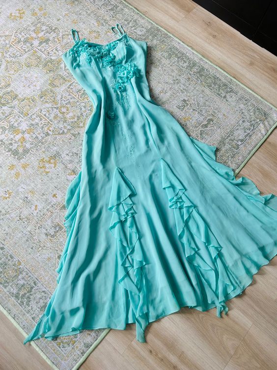 Elegant A Line Spaghetti Straps Blue Chiffon Long Prom Dress C3017