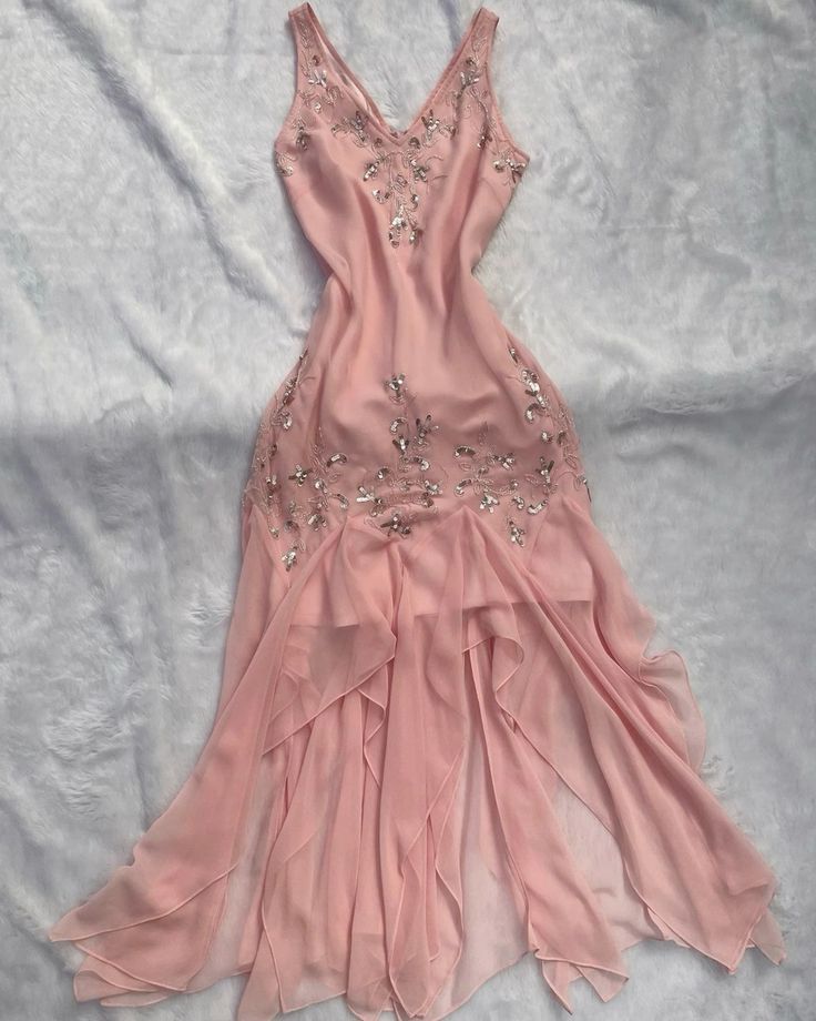 Elegant A Line V Neckline Pink Chiffon Long Prom Dress With Silver Beads C3019