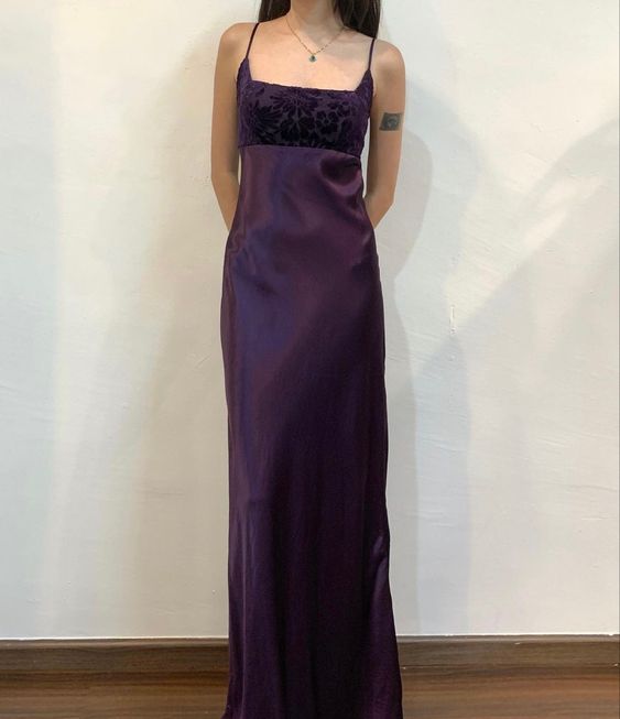 Elegant A line Spaghetti Straps Grape Long Satin Prom Dresses Evening Gowns C3024