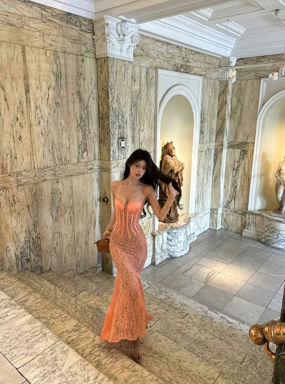 Gorgeous Mermaid Spaghetti Straps Lace Orange Long Prom Dresses Evening Dress C3035